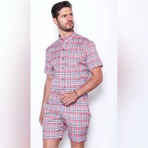 Romper Jack Plaid Button Front pocket Romper pink blue size large